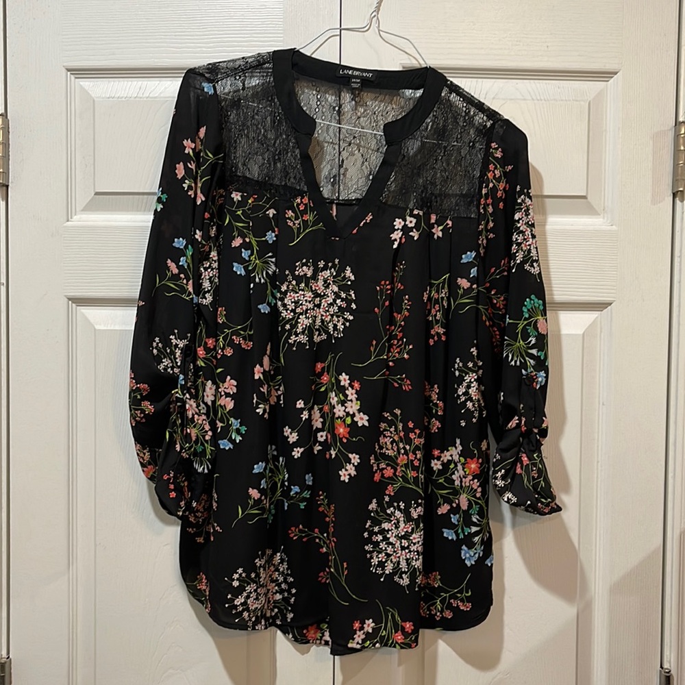 Lane Bryant floral blouse with lace on shoulder area
